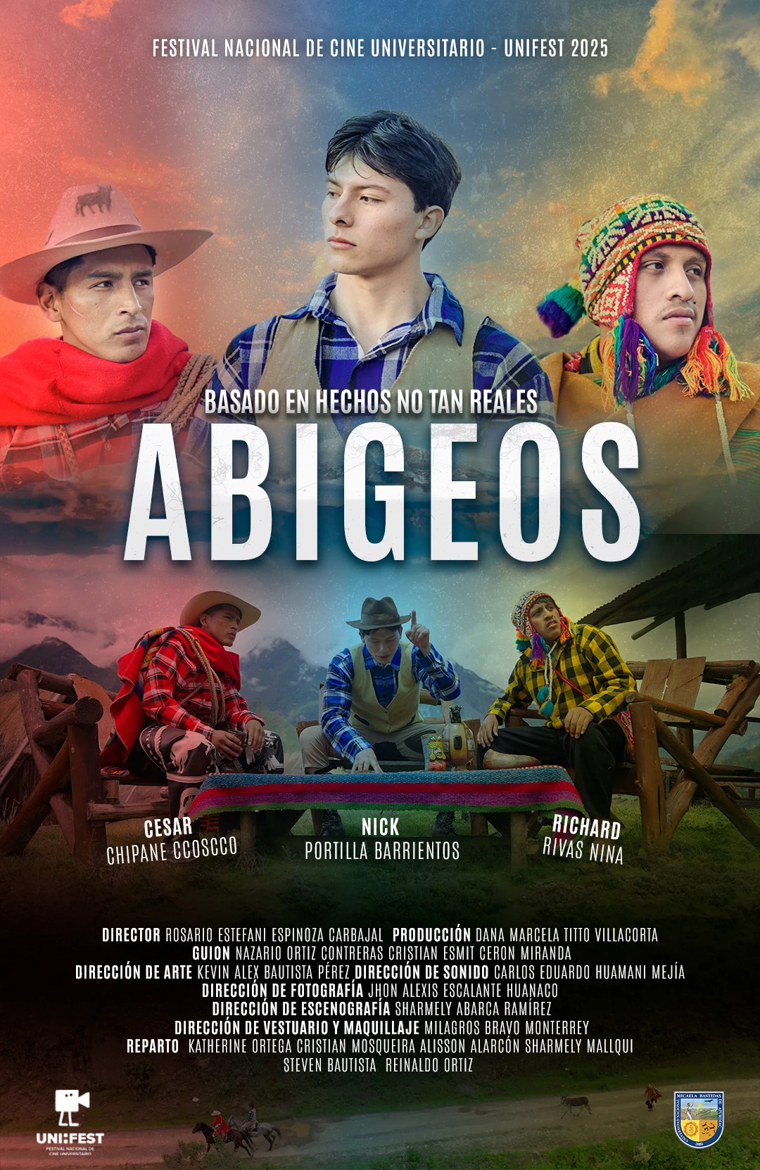 Afiche vertical oficial del cortometraje Abigeos, con tres personajes andinos
